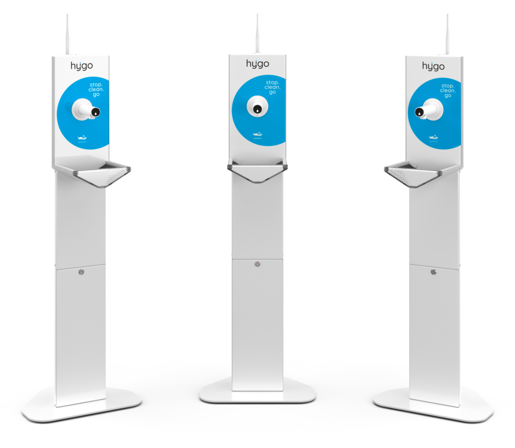 display of 3 automatic hand sanitizing dispensers